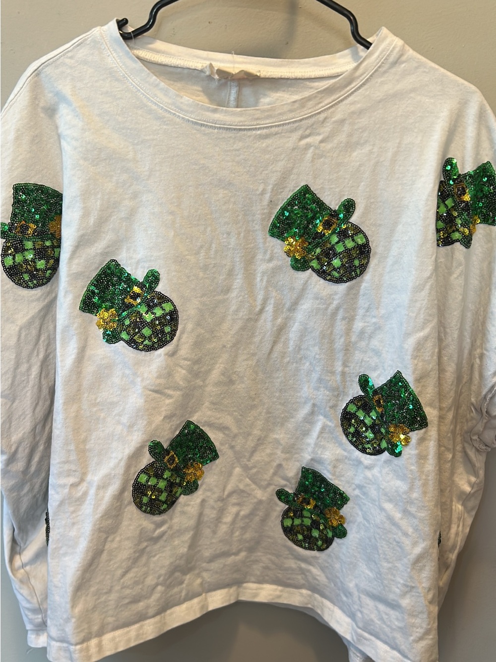 Peach Love California White Long-Sleeve Top with Green Sequin Shamrocks
